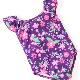 Babyhug Flutter Sleeves V Cut Swimsuit Floral Print - Purple-image-51