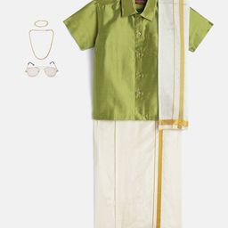 THANGAMAGAN Viscose Half Sleeves Solid Shirt With Mundu & Angavastram With Freebies Set - Pista Green-image-28