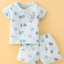 CUCUMBER Sinker Knit Half Sleeves Night Suit Radio Print - Light Blue-image-37
