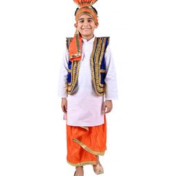 Itsmycostume Satin  Punjabi Dress Theme Costume Set - White Blue & Orange-image-1