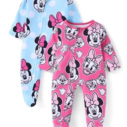 Babyhug Disney Interlock Knit Full Sleeves Sleep Suits With Minnie Mouse & Friends Print Pack Of 2 - Pink & Blue-image-27