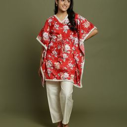 Vastramay Muslin Kimono Sleeves Floral Printed Kaftan And Pant Set - Red-image-81