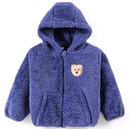 Babyhug Woven Full Sleeves Fur Hooded Winter Jacket with Bear Patch Detailing - Navy Blue-image-50