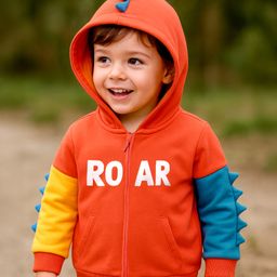 Babyhug Cotton Knit Full Sleeves Front Open Hooded Sweatjacket With Dino Applique & Kangaroo Pockets - Orange-picture-11