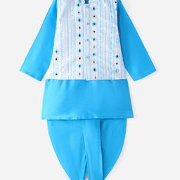 Babyhug Woven Full Sleeves Kurta Dhoti Set with Mirror Embroidered Jacket - Blue-image-83