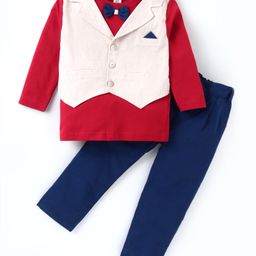 ToffyHouse Interlock Woven Full Sleeves T-Shirt & Trouser With Waistcoat & Bow Applique - Red & Navy Blue-image-16