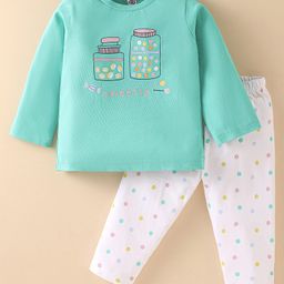 Zero Sinker Knit Full Sleeves T-Shirt & Lounge Pant Set With Text & Polka Dot Print - Sea Green-image-75