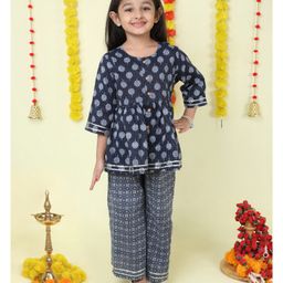 The Magic Wand Cotton Three Fourth Sleeves Floral Printed & Lace Embellished Kurta & Salwar Set - Navy Blue-image-9