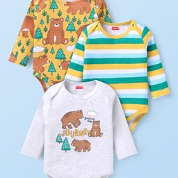 Babyhug Interlock Knit Full Sleeves Striped & Bear Printed Onesies Pack of 3 - Yellow & Light Grey-image-66