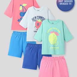 Primo Gino Cotton Knit Half Sleeves Shorts Night Suits with Fruits & Text Print Pack of 3 - Pink Blue & Mint-image-53
