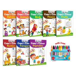 My First Copy to Colour -Alphabet, Animals, Birds, Flowers, Fruits, Numbers, Transport and Vegetables with 10 WAX CRAYONS :Coloring Book For Kids, Toddlers Colouring book|Pack of 8 Copy to Colour Book-9