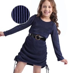 Hola Bonita Knit Full Sleeves Ribbed A Line Dress - Navy Blue-image-98