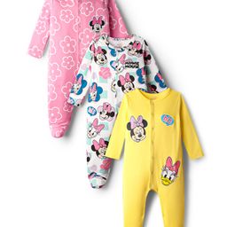 Babyhug Disney Interlock Knit Full Sleeves Footed Sleep Suits with Minnie Mouse Graphics Pack of 3 - White Yellow & Pink-picture-36