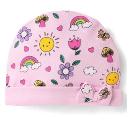 Babyhug 100% Cotton Interlock Knit Cap With Floral Print & Bow Applique - Pink-image-62
