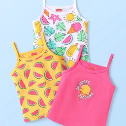 Babyhug 100% Cotton Knit Sleeveless Slips with Watermelon & Ice Cream Print Pack of 3 - Yellow White & Pink-image-29