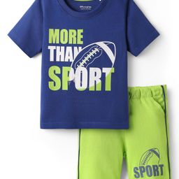 Honeyhap Premium 100% Cotton Knit Half Sleeves Shorts Night Suit with Bio Finish & Sport Theme Print - Limoges & Lime Green-image-4