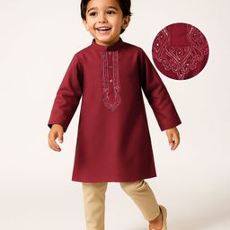Babyhug Woven Full Sleeves Embroidered Kurta Pajama Set - Maroon & Beige-image-82
