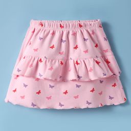 Tango Interlock Knit Knee Length Skirts with Ruffle Design & Butterfly Print - Pink-image-67