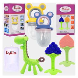 Kritiu Baby Silicone Teether Fruit Nibbler & Combo Pack Of 5 Non Toxic BPA Free Teething Toys - Multicolor-14