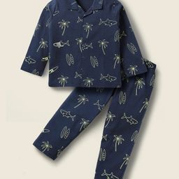 Kookie Kids Single Jersey Knit Full Sleeves Co-Ord Night Suit With Beach Theme Print - Navy Blue-image-50