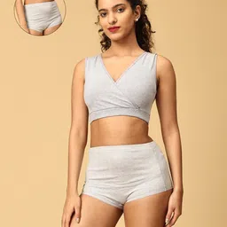 The Mom Store Cotton Sleeveless Solid Nursing Sleeping Maternity Bra & Overbelly Support Panties - Grey-picture-21