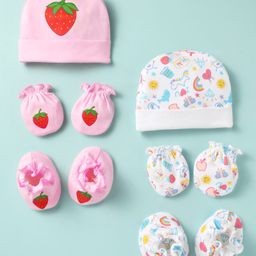 Ben Benny 100% Cotton Knit Cap Mitten & Booties Set With Fruits Print Pack Of 2 Pink & White - Diameter 9 cm-15