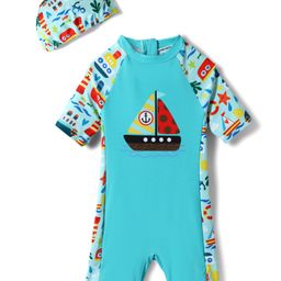 KIDLINGSS Half Raglan Sleeves Boat Printed Legged Swimsuit With Cap Set - Aqua Blue-image-56