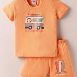 Tango Single Jersey Knit Half Sleeves T-Shirt & Shorts with Vehicle Print - Orange-image-48