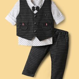 Mini Taurus Sinker Knit Full Sleeves 3 Piece Party Suit With Checks - Black & White-image-36