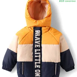 Babyoye Woven Full Raglan Sleeves Hooded Padded Jacket With Text Print - Multi Colour-picture-34