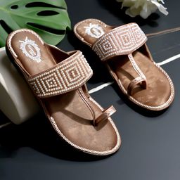 Shoetopia Pearls Embellished Geometric Designed Sandals - Rose Gold & Brown-image-68