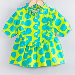 Hugsntugs Cotton Woven Half Puffed Sleeves Abstract Printed Peplum Top - Turquoise Blue & Lime Green-image-12