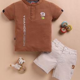 KIDZELLO Knit Half Sleeves Placement Trancefusion Text Printed Tee & Shorts Set - Brown-image-71