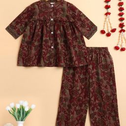 The Magic Wand Cotton Woven Three Fourth Sleeves Floral Printed Top Palazzo Set - Red-image-36