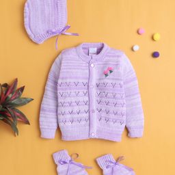 BUMZEE Knit Full Sleeves Cable Knit Design Solid Color Front Open Sweater with Cap & Booties - Lavender-picture-3