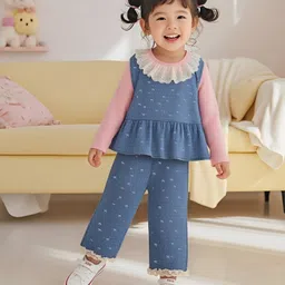 Googo Gaaga Cotton Woven Full Sleeves Schiffli Embroidered Ribbed Inner Tee & Trousers With Top Set - Blue-picture-10