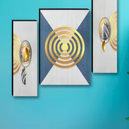 Livin'luxe Set of 3 MDF Panels Modern Blue & Golden Leaf Abstract Wall Painting-picture-41