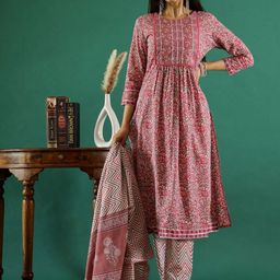 Sangria Floral Printed Round Neck Pure Cotton A-Line Kurta With Trouser And Dupatta image 5