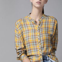 The Roadster Lifestyle Co Women Mustard Yellow & Blue Tartan Checked Sustainable Casual Shirt-image-22