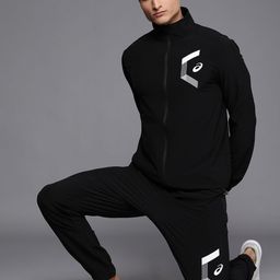 ASICS Men Black Brand logo Printed Long Sleeve Open Front Tracksuit-picture-3