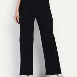 Broadstar Black Denim Relaxed Fit High Rise Cargo Jeans-image-126