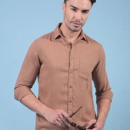 Crimsoune Club Brown Linen Blend Slim Fit Stripes Casual Shirt-image-9