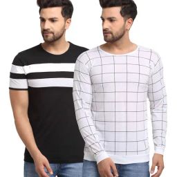 Vimal Jonney Black & White Regular Fit Check T-Shirt - Pack of 2-image-94