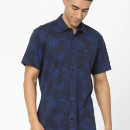 Celio* Navy Cotton Regular Fit Self Pattern Shirts-image-59