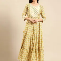 SHOWOFF Cream & Green Cotton Printed A Line Kurta-picture-17