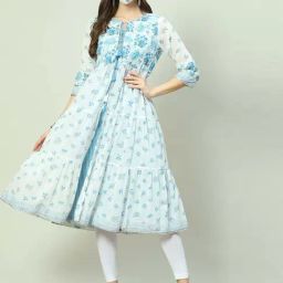 Biba Blue Printed A Line Kurta With Jacket-image-66