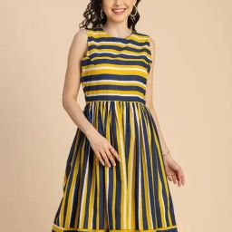 Moomaya Yellow & Blue Cotton Striped Midi Dress-image-25