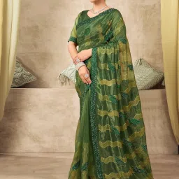 Satrani Green Net Embroidered Saree With Unstitched Blouse image 3