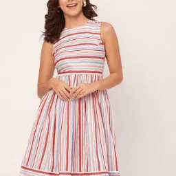 Moomaya Multicolor Cotton Striped A Line Dress-image-76