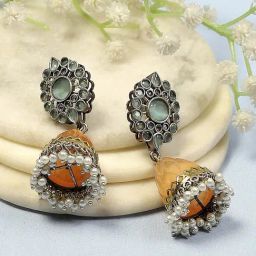 Biba Mint Green Brass Jhumka Earrings for Women-38
